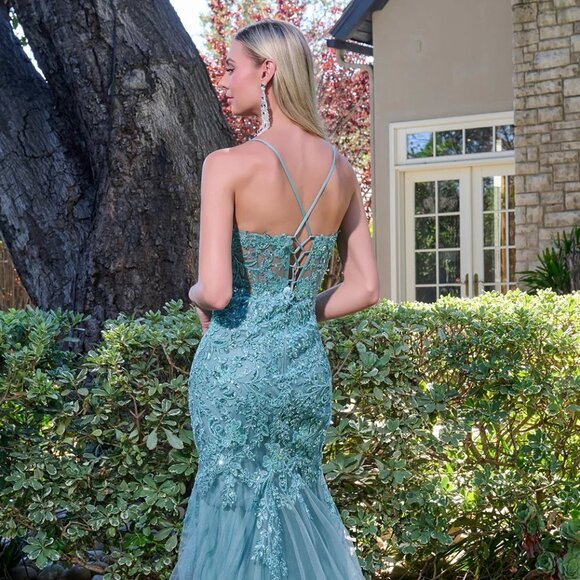 New Floral Lace Embellihsed Maxi Mermaid Tulle Dress w/ Lace Up Back GL3692 - Picture 10 of 14